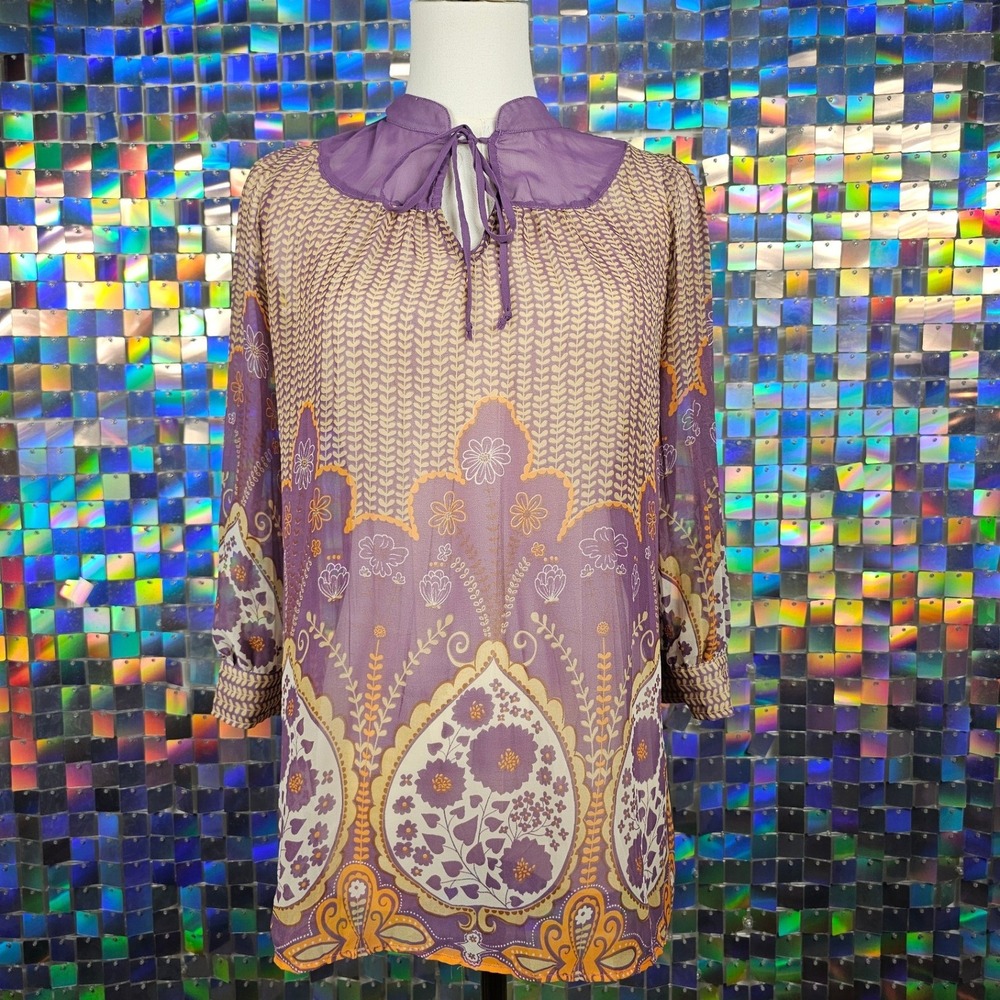 Fire Los Angeles Paisley Floral Tunic Womens S Purple Excellent Boho Tie Neck